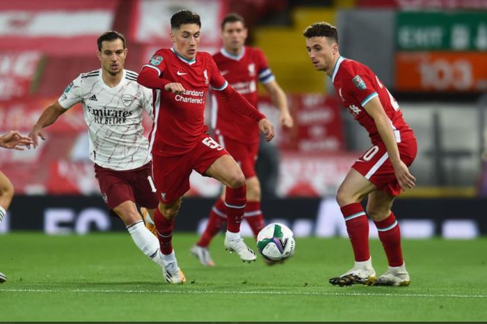 Harry Wilson menggiring bola dalam laga Liverpool melawan Arsenal di ajang Piala Liga Inggris 2020-2021.