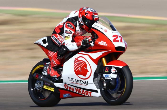 Pembalap Idemitsu Honda Team Asia asal Indonesia, Andi Farid Izdihar saat tampil pada hari kedua Moto2 Aragon 2020, Sabtu (17/10/2020)