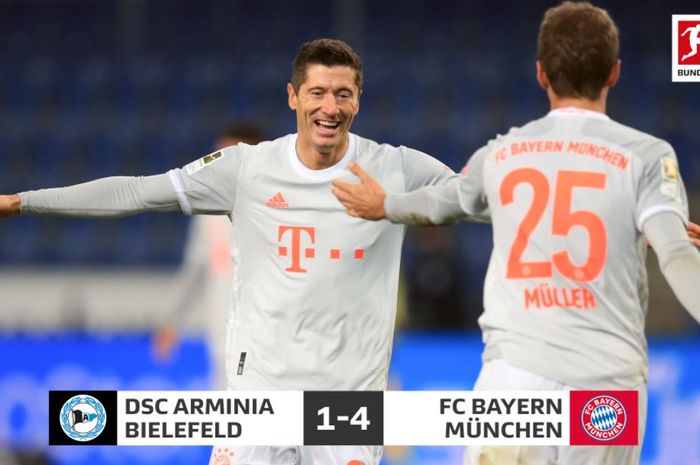 Robert Lewandowski dan Thomas Mueller mencetak dua gol dalam kemenangan Bayern Muenchen atas Arminia Bielefeld, 17 Oktober 2020.