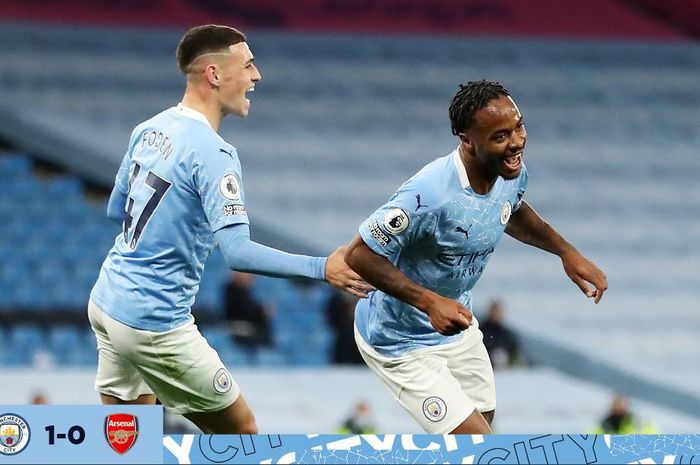 Raheem Sterling merayakan golnya untuk Manchester City ke gawang Arsenal, 17 Oktober 2020.