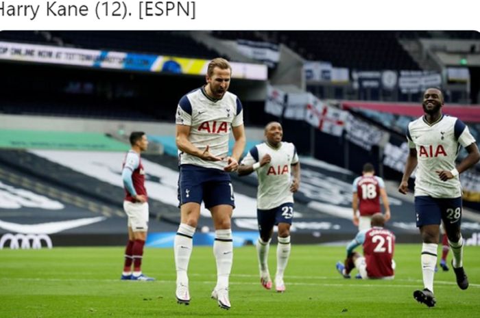 Penyerang Tottenham Hotspur, Harry Kane, melakukan selebrasi usai mencetak gol ke gawang West Ham United dalam laga Liga Inggris pekan kelima, Minggu (18/10/2020). 