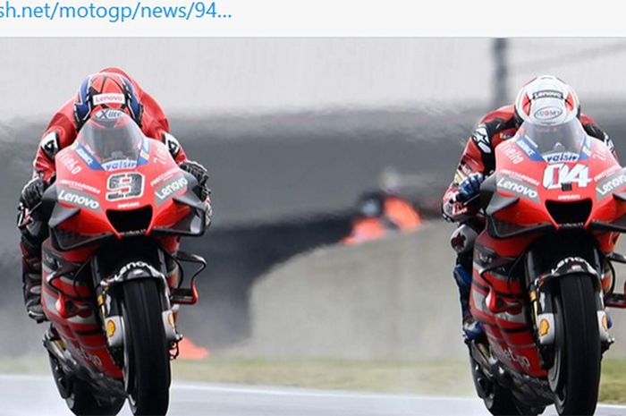 Aksi dua pembalap Ducati, Danilo Petrucci (kiri) dan Andrea Dovizioso, pada balapan MotoGP Prancis di Sirkuit Bugatti, Le Mans, Prancis, 11 Oktober 2020.