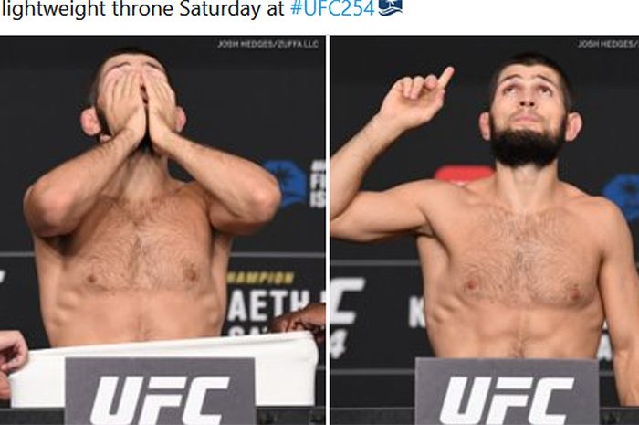 Ekspresi wajah Khabib Nurmagomedov dalam sesi timbang badan UFC 254 di Fight Island, Uni Emirat Arab, 23 Oktober 2020. Nurmagomedov tampak tegang sebelum berat badannya dinyatakan lolos.