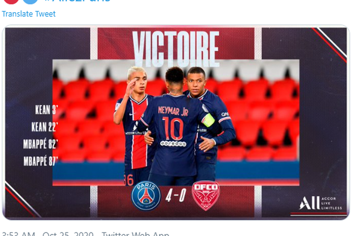 PSG menang besar saat menjamu Dijon di pekan ke-8 Liga Prancis, Minggu (25/10/2020) dini hari WIB.