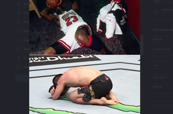 Kolase foto Michael Jordan (atas) dan Khabib Nurmagomedov (bawah). Kedua atlet tersebut tampak menangis setelah berhasil menyelesaikan laga penting dengan kemenangan tanpa kehadiran ayah di sisinya. 