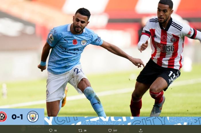 Pemain Manchester City, Riyad Mahrez, pada laga melawan Sheffield United yang dimenangi dengan skor 1-0.