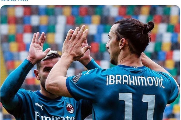 Pemain AC Milan, Zlatan Ibrahimovic, merayakan gol ke gawang Udinese dalam laga pekan keenam Liga Italia 2020-2021, Minggu (1/11/2020) pukul 18.30 WIB. 