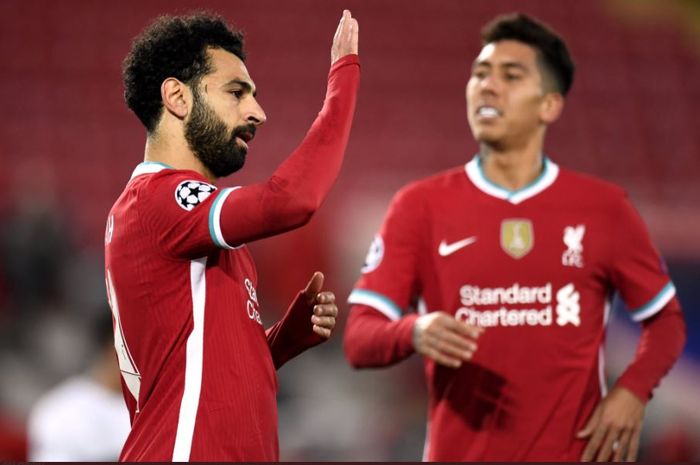 Penyerang Liverpool, Mohamed Salah, saat merayakan gol.