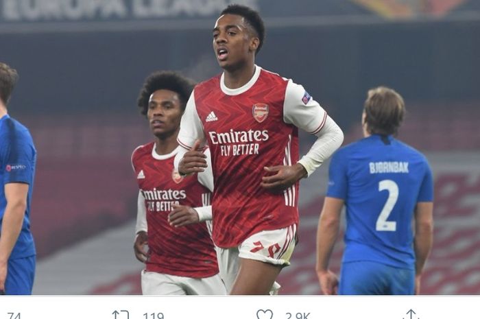 Joe Willock, berperan membuat bek lawan mencetak dua gol bunuh diri dalam laga Arsenal vs Molde di Liga Europa, Kamis (5/11/2020) di Emirates Stadium.