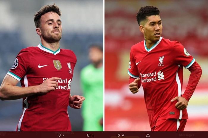 Dua penyerang Liverpool, Diogo Jota (kiri) dan Roberto Firmino (kanan).