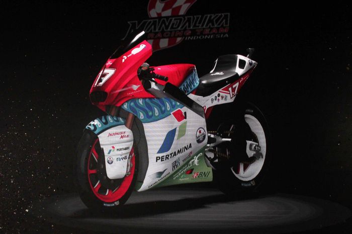 Tampak depan livery motor balap yang akan digunakan Mandalika Racing Team Indonesia pada ajang Moto2 musim 2021.