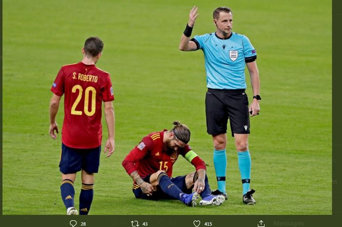 Kapten timnas Spanyol dan Real Madrid, Sergio Ramos, mengalami cedera saat menghadapi timnas Jerman di UEFA Nations League, 17 November 2020.