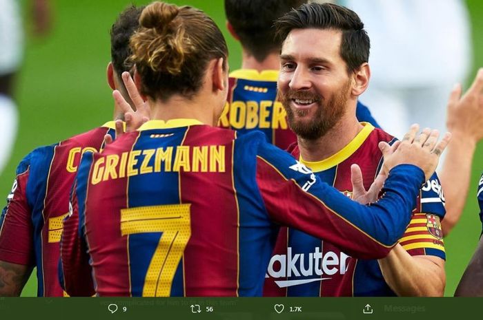 Lionel Messi dan Antoine Griezmann saat merayakan gol Barcelona.