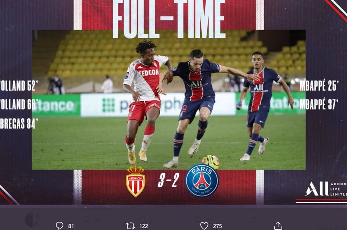 PSG kalah 2-3 dari AS Monaco setelah sempat unggul 2-0 di pekan ke-11 Liga Prancis, Jumat (20/11/2020) di Stade Louis II. 