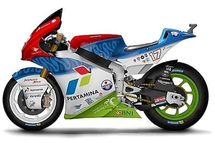 Desain livery Mandalika Racing Team Indonesia untuk Moto2 2021, perpaduan warna merah, biru, putih dan hijau, serta beragam sponsor membalut motor balap ini