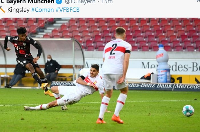 Kingsley Coman mencetak gol dalam laga VfB Stuttgart vs Bayern Muenchen di Bundesliga, Sabtu (28/11/2020) di Mercedez-Benz Arena.