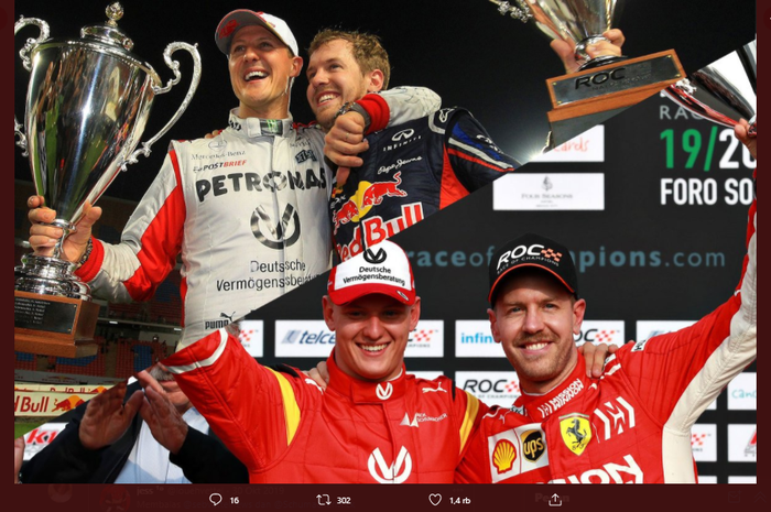 Kolase foto yang memperlihatkan Sebastian Vettel pernah menjalani karier di F1 bersama Michael Schumacher dan Mick Schumacher.