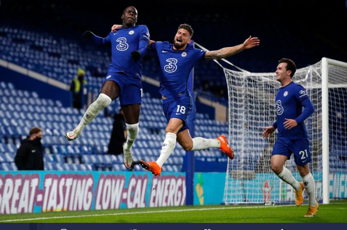 Olivier Giroud dan Kurt Zouma, mencetak gol yang membawa Chelsea mengalahkan Leeds United di Liga Inggris, Sabtu (5/12/2020) di Stamford Bridge.