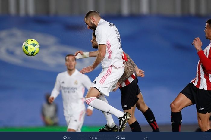 Striker Real Madrid, Karim Benzema, dalam laga kontra Athletic Bilbao pada Selasa (15/12/2020).