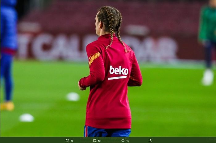 Gaya rambut baru penyerang barcelona, Antoine Griezmann, saat tampil melawna Real Sociedad pada Rabu (16/12/2020).