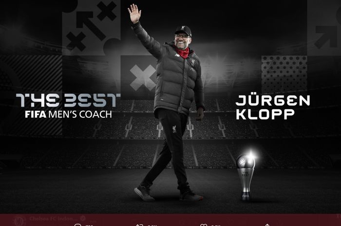Pelatih Liverpool, Juergen Klopp, menyabet penghargaan pelatih terbaik FIFA 2020.