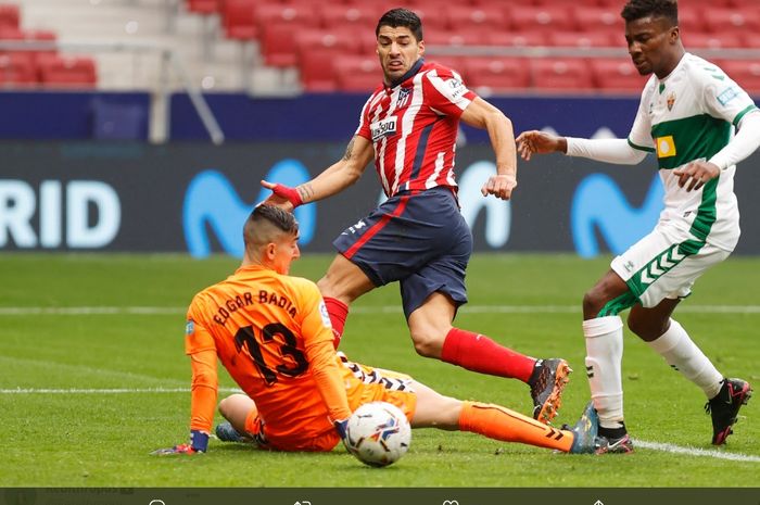 Pemain Atletico Madrid, Luis Suarez, mencetak gol ke gawang Elche dalam laga pekan-14 Liga Spanyol 2020-2021 di Stadion Wanda Metropolitano, pada Sabtu (19/12/2020) pukul 20.00 WIB. 