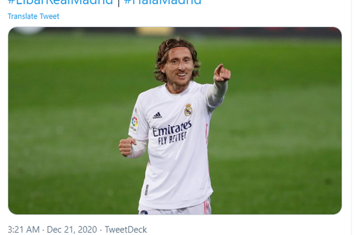 Gelandang Real Madrid, Luka Modric, merayakan gol yang dia cetak ke gawang Eibar dalam laga pekan ke-14 Liga Spanyol 2020-2021.