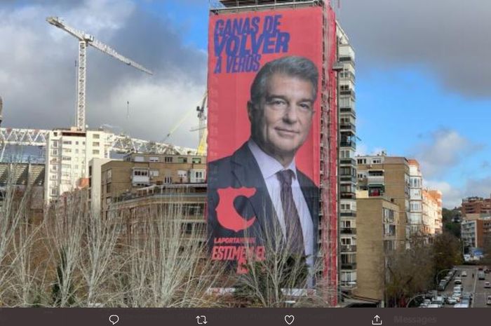 Kandidat Presiden Barcelona, Joan Laporta, sesumbar bisa membantai Real Madrid dalam poster raksasa yang dipasang di samping Santiago Bernabeu.