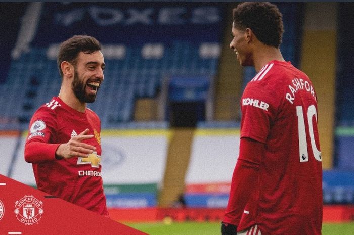 Gelandang Manchester United, Bruno Fernandes, melakukan selebrasi seusai bikin gol ke gawang Leicester City dalam laga Liga Inggris, Sabtu (26/12/2020).