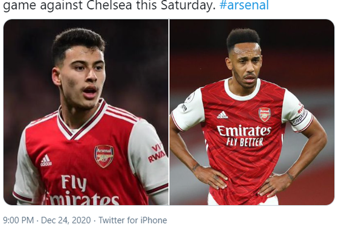 Dua striker Arsenal, Gabriel Martinelli (kiri) dan Pierre-Emerick Aubameyang diragukan untuk tampil kala The Gunners menghadapi Chelsea dalam laga Boxing Day.