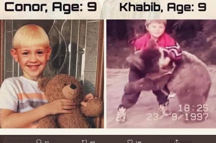 Meme perbandingan dua jagoan UFC, Khabib Nurmagomedov dan Conor McGregor yang diunggah Ali Abdelaziz.