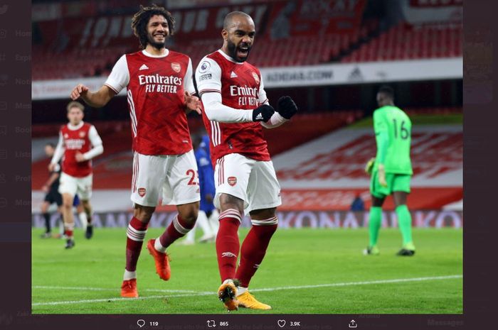 Alexandre Lacazette merayakan gol untuk Arsenal ke gawang Chelsea pada pekan kelima belas Liga Inggris 2020-2021, Sabtu (26/12/2020).