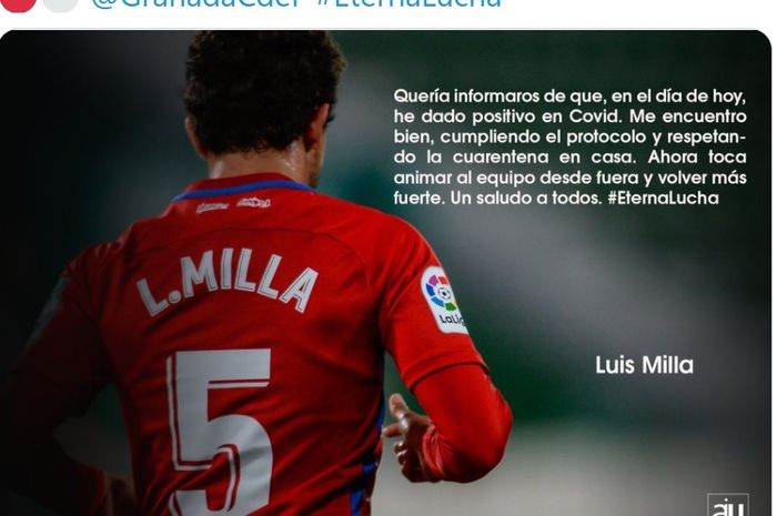 Pemain Granada, Luis Milla, mengumumkan dirinya positif terinfeksi COVID-19 pada Minggu (27/12/2020).