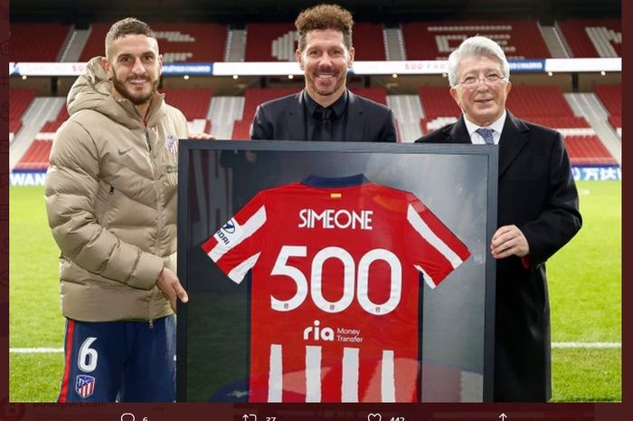 Pelatih Atletico Madrid, Diego Simeone, berhasil menembus 500 pertandingan ketika timnya menghajar Getafe di Liga Spanyol 2020-2021, Rabu (30/12/2020).