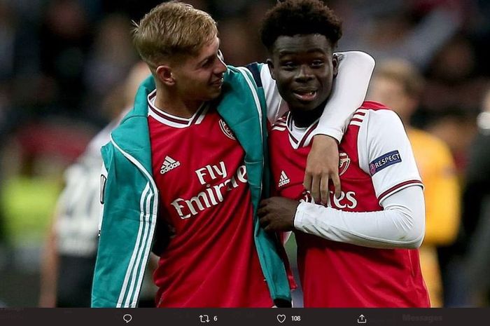 Emile Smith Rowe (kiri) dan Bukayo Saka (kanan), dua remaja yang menjadi tokoh utama kebangkitan Arsenal di Liga Inggris 2020-2021.