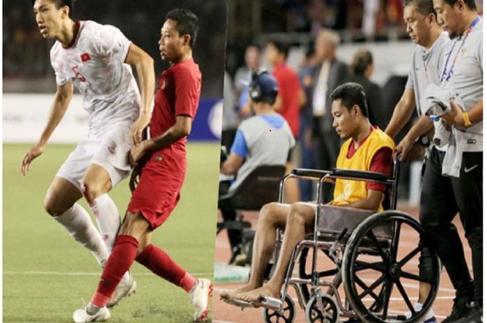 Bek kiri Timnas U-22 Vietnam Doan Van Hau bertabrakan dengan gelandang Timnas U-22 Indonesia Evan Dimas dalam final SEA Games 2019. Evan cedera dan terduduk lesu di kursi roda.