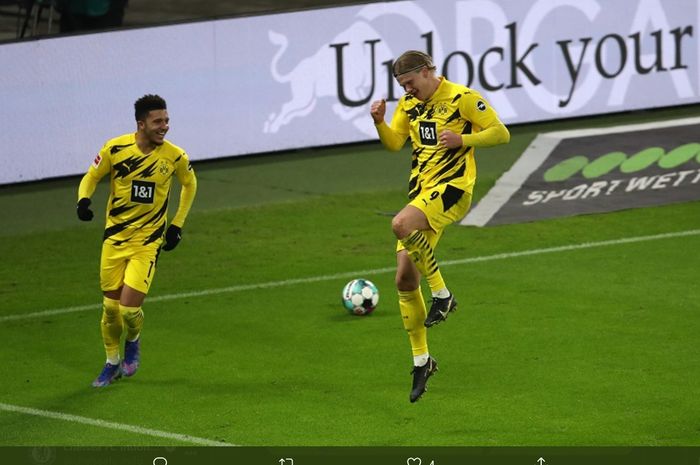 Momen penyerang Borussia Dortmund, Erling Haaland melakukan selebrasi usai menjebol gawang RB Leipzig pada laga pekan ke-15 Bundesliga 2020-2021.