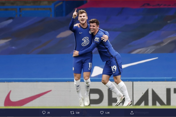 Penyerang Chelsea, Timo Werner, akhirnya mengakhir paceklik gol dalam 12 laga ke gawang klub kasta keempat Liga Inggris, Morecambe.