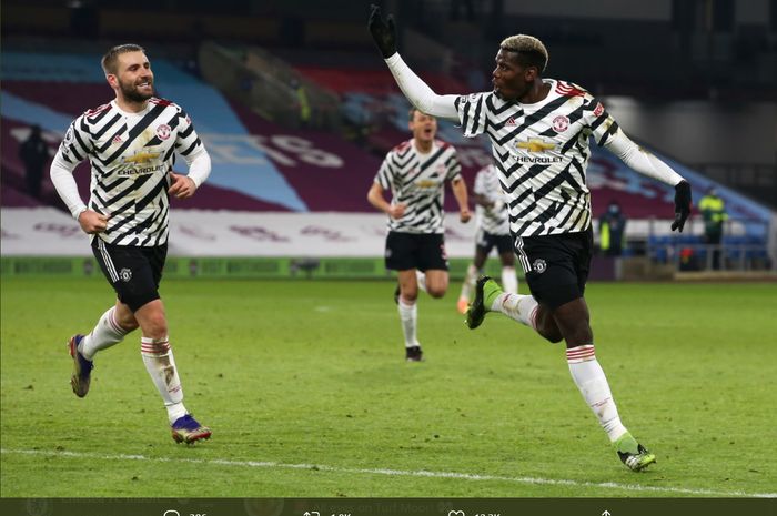 Momen Paul Pogba melakukan selebrasi usai mencetak gol ke gawang Burnley dalam kemenangan 1-0 Manchester United di Stadion Turf Moor dalam lanjutan laga Liga Inggris 2020-2021.