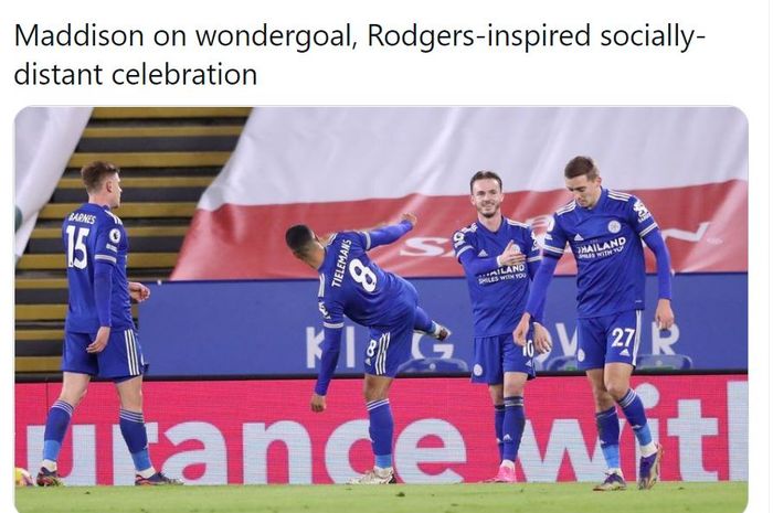 James Maddison merayakan gol dengan selebrasi social distancing pada laga melawan Southampton, Sabtu (16/1/2021).