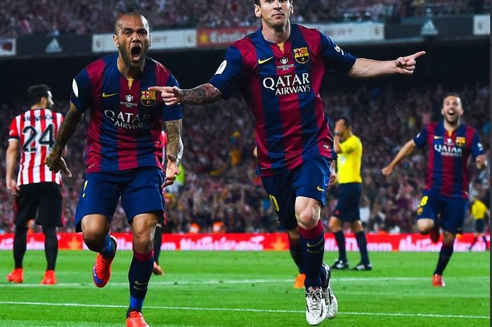 Selebrasi megabintang Barcelona, Lionel Messi, pada final Copa del Rey 2015 kontra Athletic Bilbao.