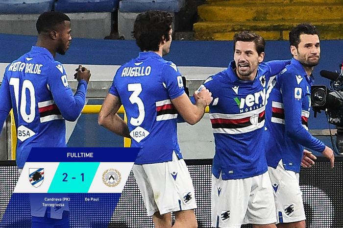 Para pemain Sampdoria merayakan kemenangan atas Udinese dalam laga pekan ke-18 Lga Italia, Sabtu (16/1/2021)