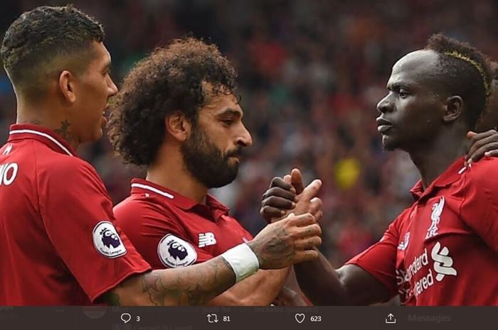 Trio penyerang Liverpool (dari kiri ke kanan): Roberto Firmino, Mohamed Salah, Sadio Mane.