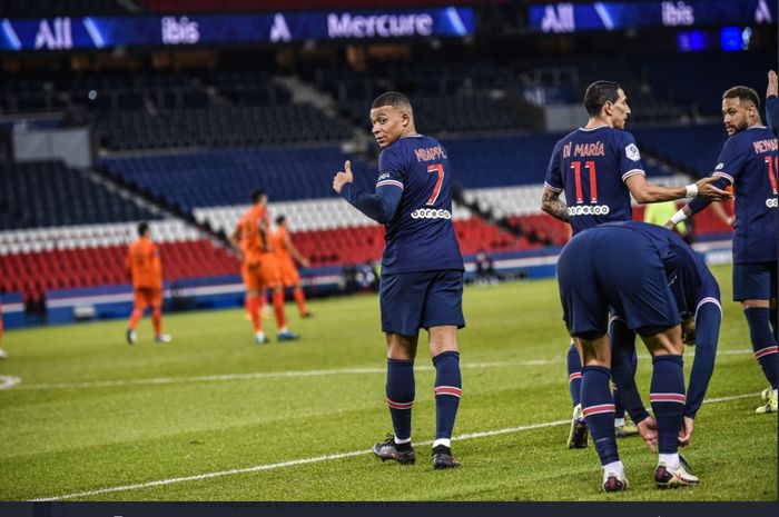 Kylian Mbappe mencetak gol dalam laga PSG vs Montpellier di Liga Prancis, Jumat (22/1/2021) di Parc des Princes.