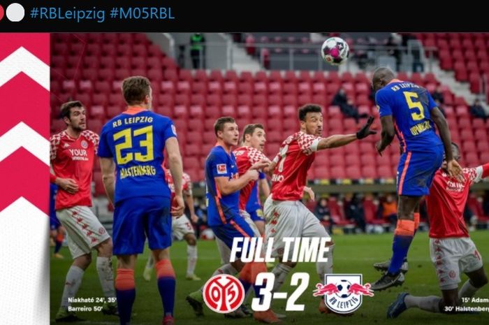 RB Leipzig takluk 2-3 dari Mainz 05 dalam lanjutan laga pekan ke-18 Bundesliga 2020-2021.
