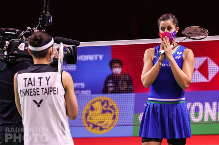 Pebulu tangkis tunggal putri Spanyol, Carolina Marin, pada final Thailand Open II 2021 di Impact Arena, Bangkok, Minggu (24/1/2021).