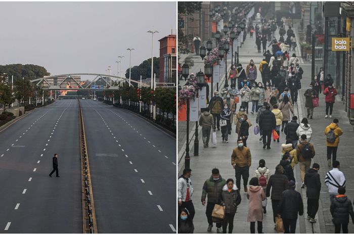 Kondisi kota Wuhan saat lockdown dan sekarang.