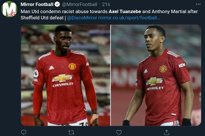 Dua pemain Manchester United, Anthony Martial dan Axel Tuanzebe, menjadi korban tindakan rasialisme usai kekalahan timnya dari Sheffield United.