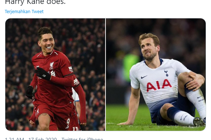 Penyerang Liverpool, Roberto Firmino (kiri) dan striker Tottenham Hotspur, Harry Kane.