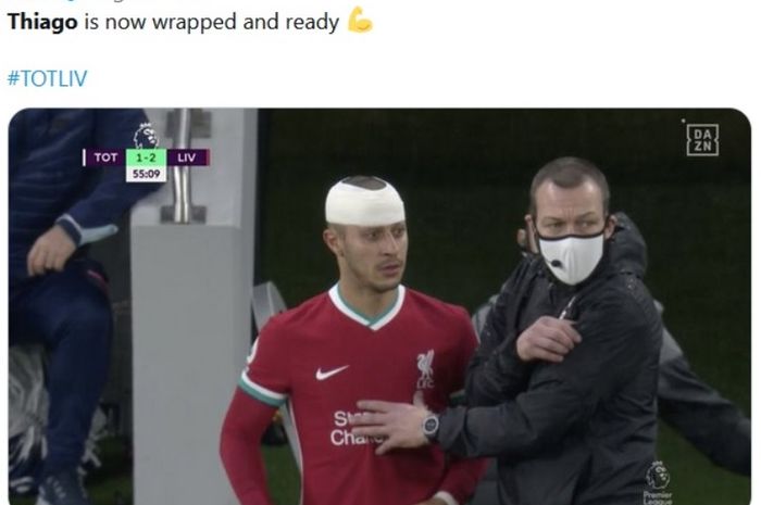 Thiago Alcantara mengalami cedera kepala saat Liverpool mengalahkan Tottenham Hotspur, Kamis (28/1/2021).